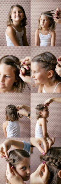 Прически с плетением на длинные волосы для девочек и женщин.</div>
<div> Как плести пошагово своими руками. Фото» /></div>
<p>
Вот как заплетается легко французская косичка на короткие волосики.
</p>
<div style=