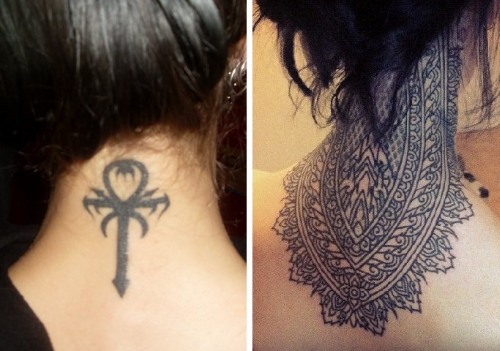 Татуировки на шее сзади у девушек — красивые иероглифы, индийский рисунок, надписи с переводом со