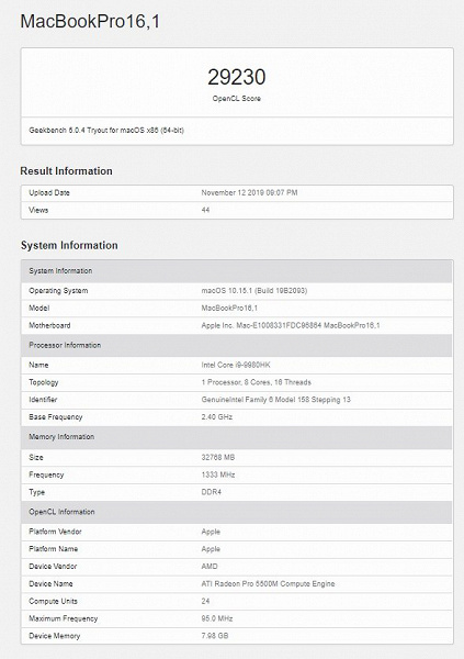 MacBook Pro 16 получил процессор Core i9-9980HK и видеокарту Radeon Pro 5500M с 8 ГБ памяти