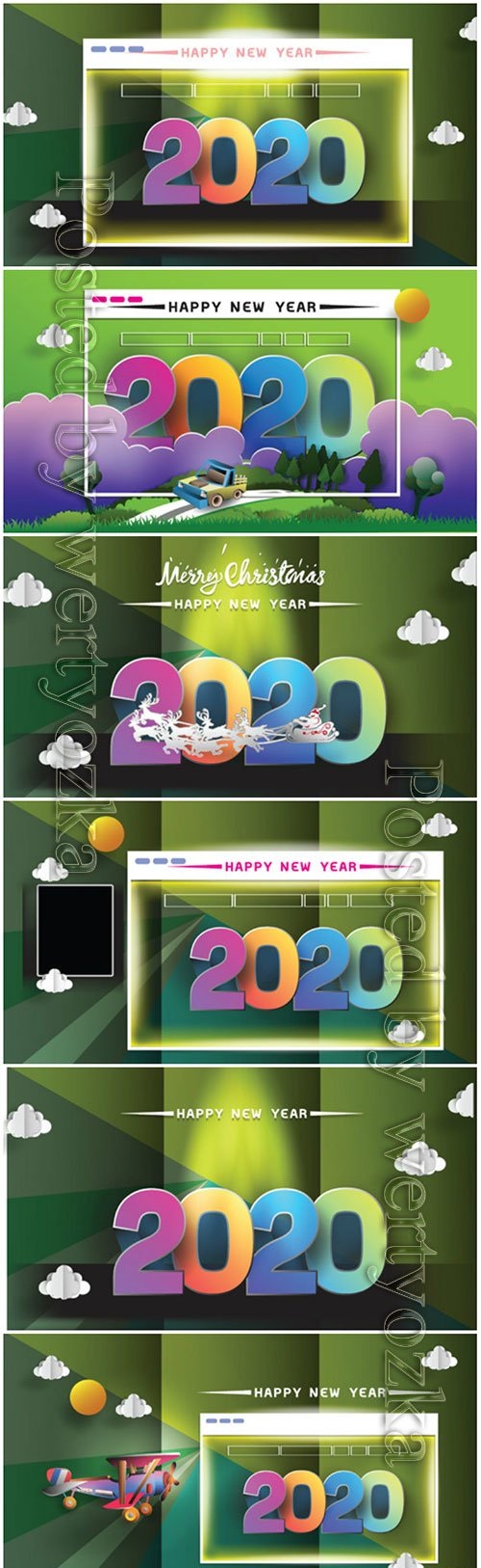 2020 New Year holidays cards, Christmas greetings invitations