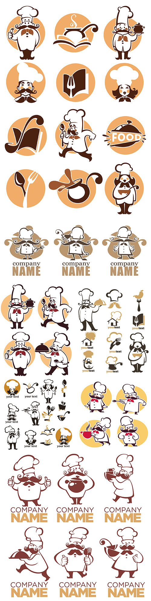 Cooking symbols, food and chef silhouettes, vector collection images for your logo, label, emblems