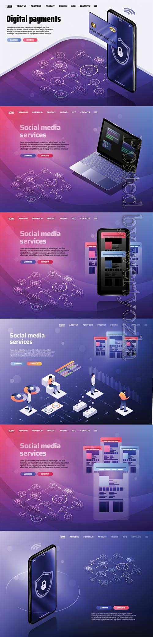 Isometric landing page email service or mobile app flat concept