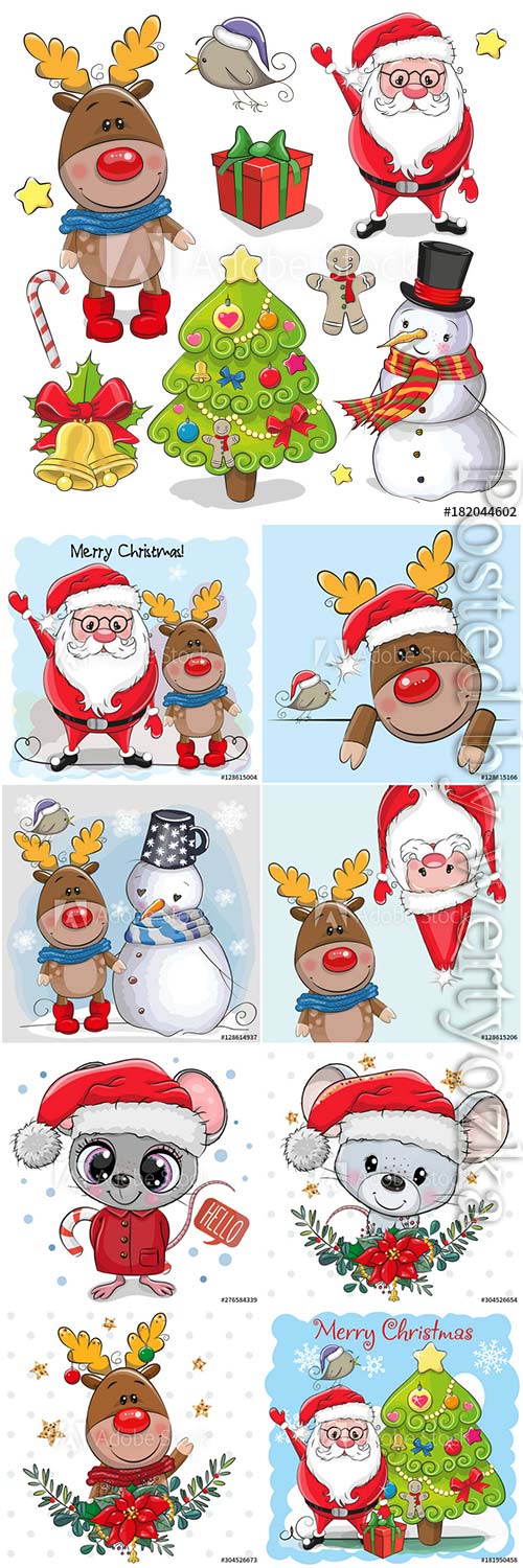 Cartoon santa claus deer and snowman