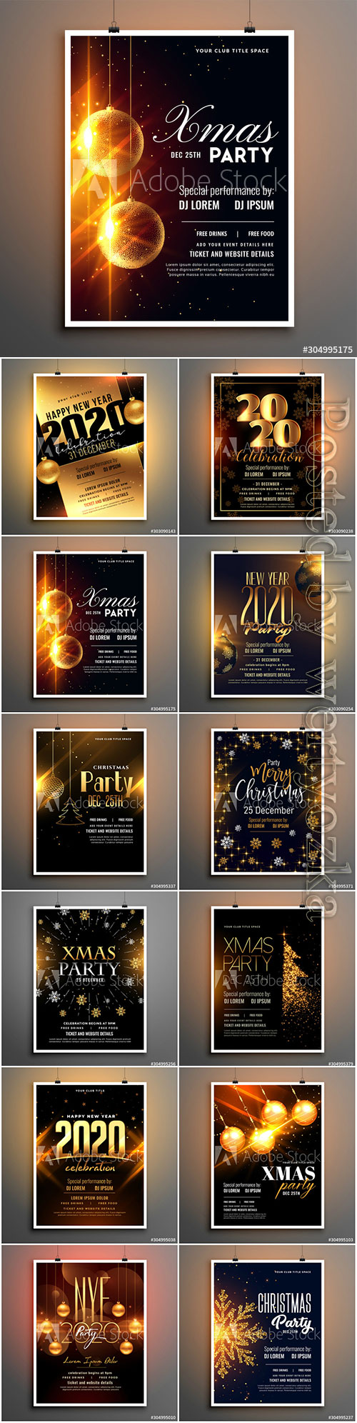 Merry christmas party flyer with golden sparkle tree