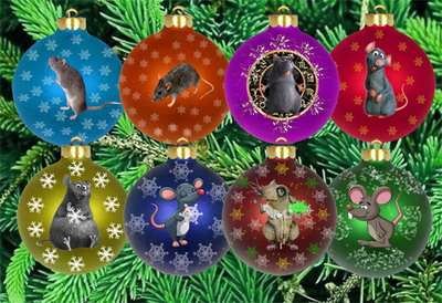 Клипарт Новогодние шарики с веселыми крысами
