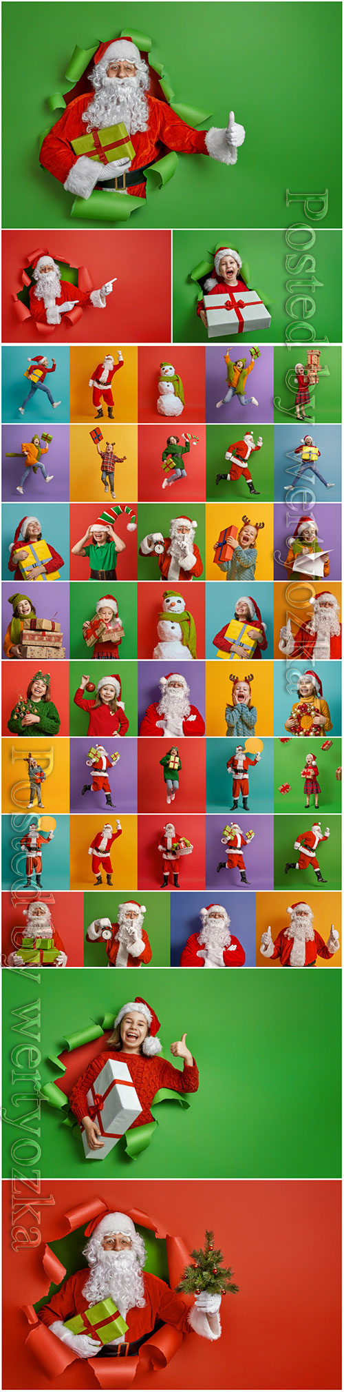 Children and Santa Claus on multicolor background
