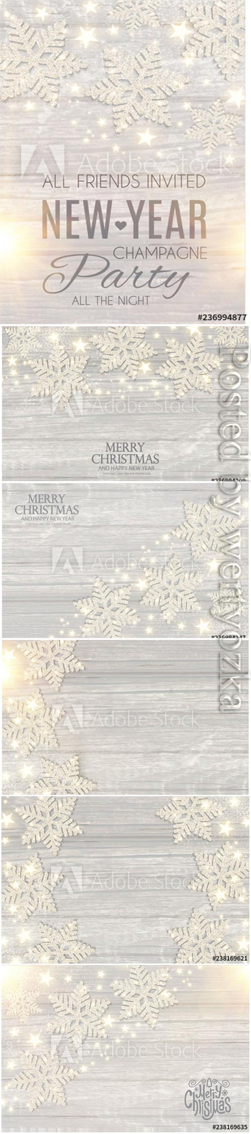 Hapy New Year vector poster with shining snowflakes on wood