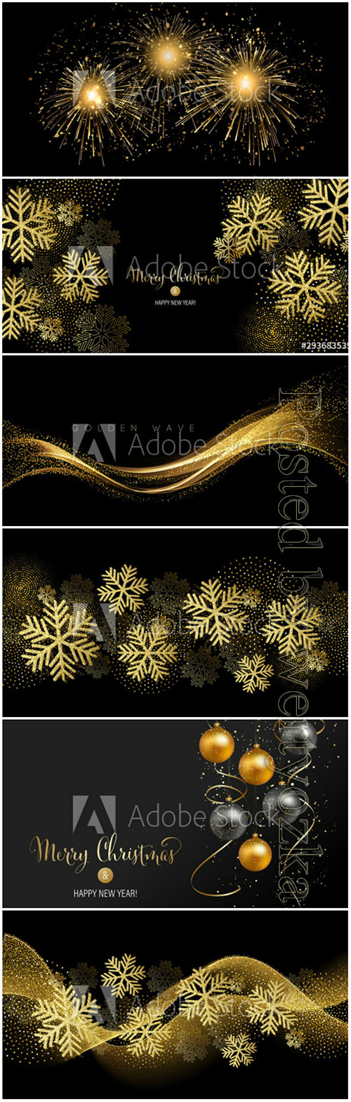 Snowflakes, salutes, Christmas balls on black vector backgrounds