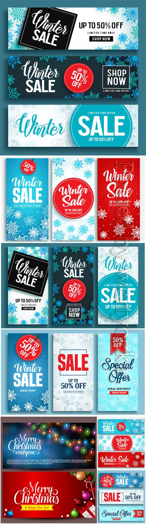 Winter sale vector banner set with discount text