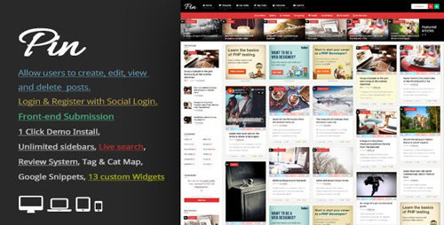 ThemeForest - Pin v5.1 - Pinterest Style / Personal Masonry Blog / Front-end Submission - 10272975