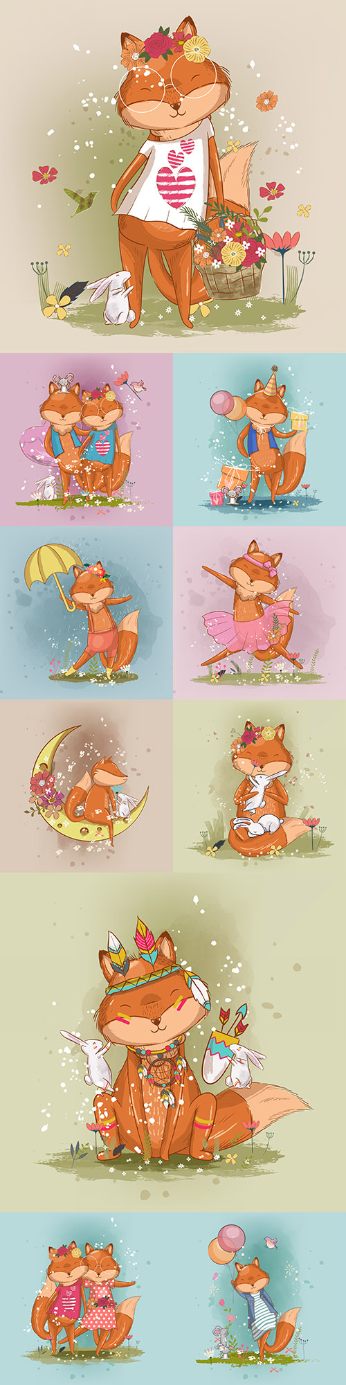 Fox with flowers and bunny drawn ilustrations