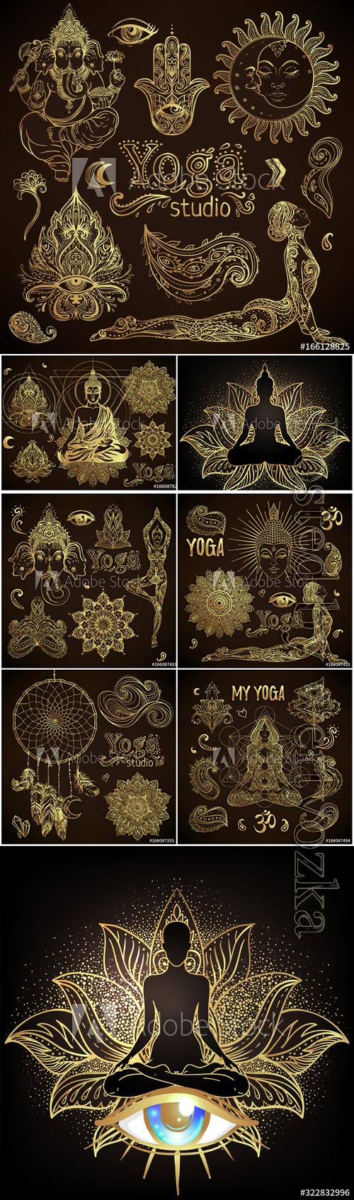 Yoga, meditation vector illustration set, hindu paisley motifs, Buddha silh ...