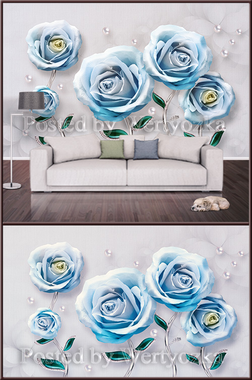 3D psd background wall blue roses