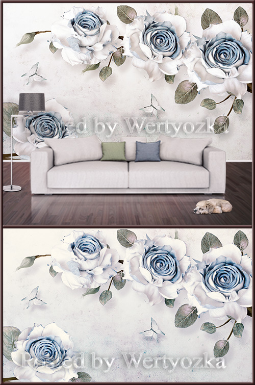 3D psd background wall blue and white roses