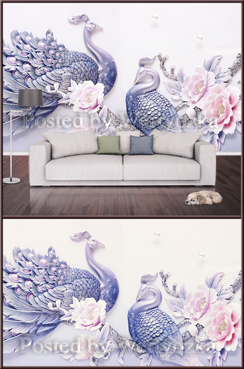 3D psd background wall peacocks and flowers