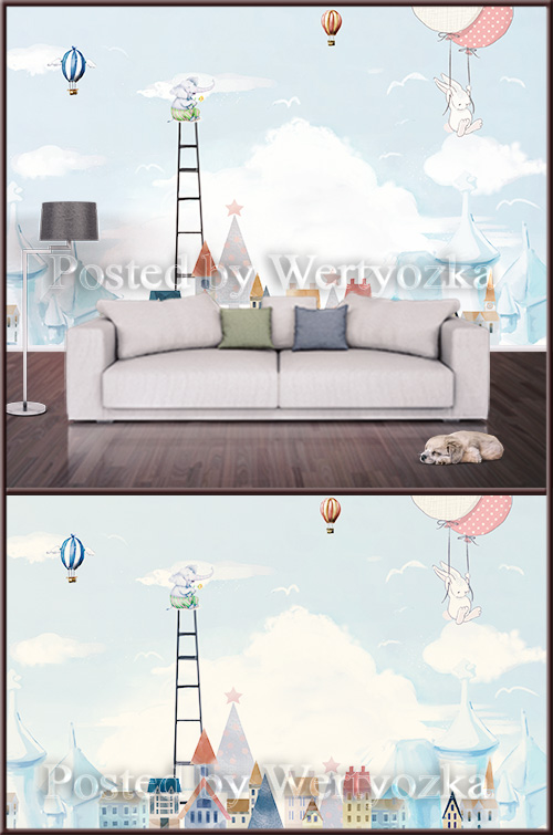 3D psd background wall cute colorful house