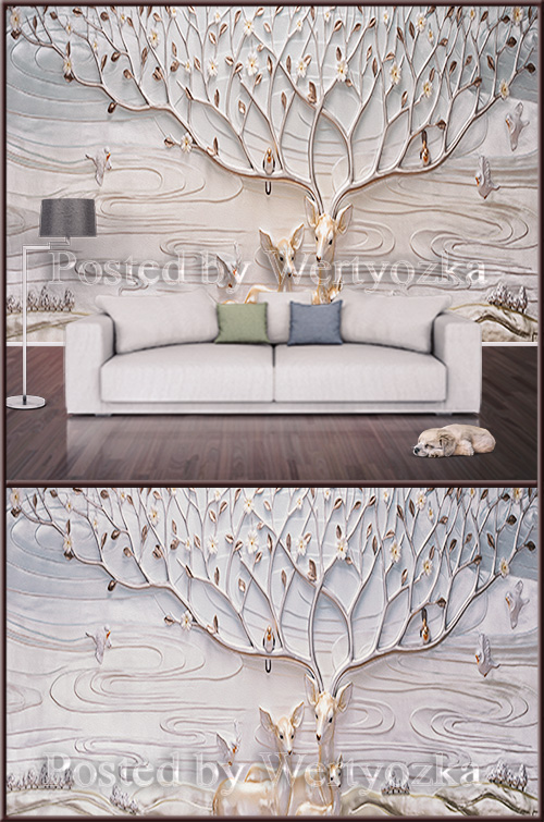 3D psd background wall deer and birds