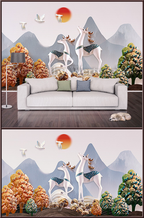 3D psd background wall elk and landscape