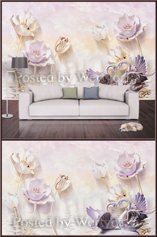 3D psd background wall swan and lotus