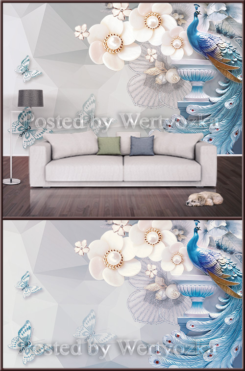 3D psd background wall peacock and butterflies