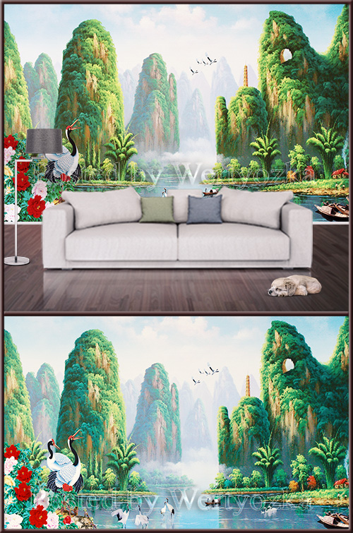 3D psd background wall exotic birds and landscape