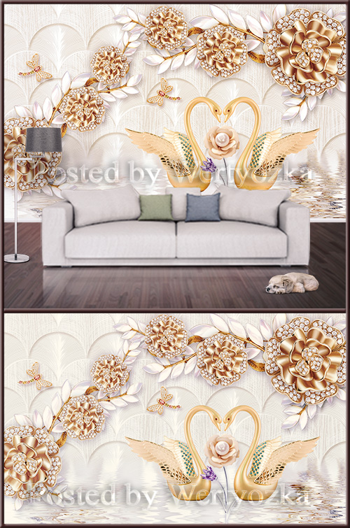 3D psd background wall swans and flowers with diamonds
