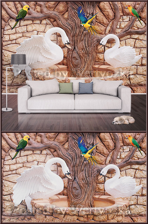 3D psd background wall swans and parrots on a tree