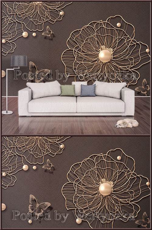 3D psd background wall golden flowers with pearls