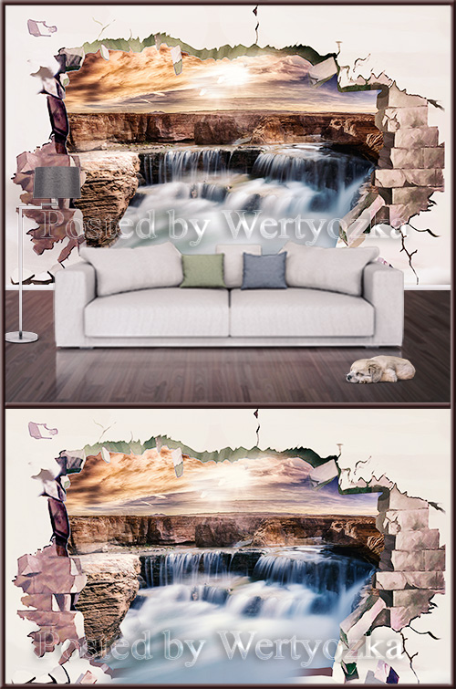 3D psd background wall waterfall and broken wall