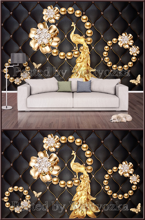 3D psd background wall golden peacock and jewelry