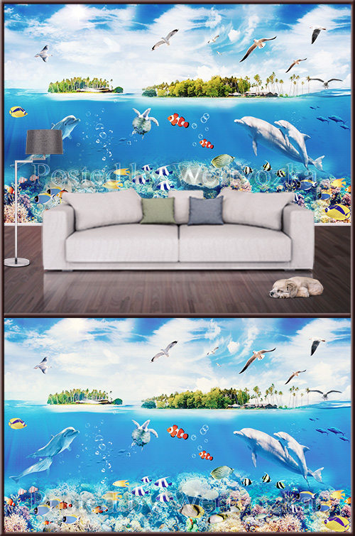 3D psd background wall marine inhabitants and isles