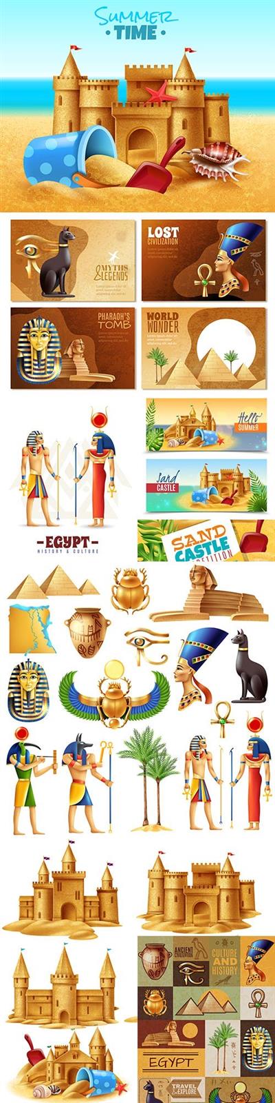 Castle sand and set Egypt symbols realistic illustrations