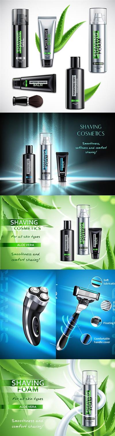 Male cosmetics and shaving products realistic illustrations
