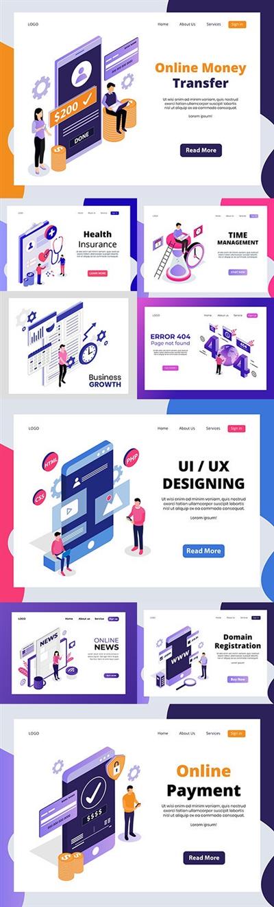 Isometric landing page online technology and payments