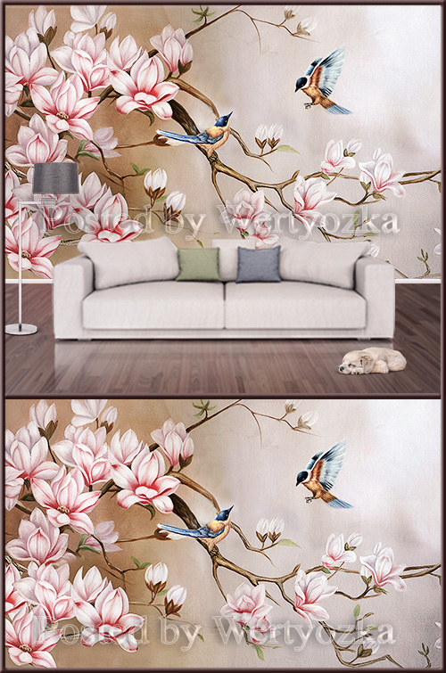 3D psd background wall magnolia and birds