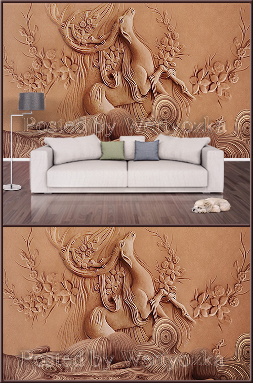 3D psd background wall modern embossed golden elk deer