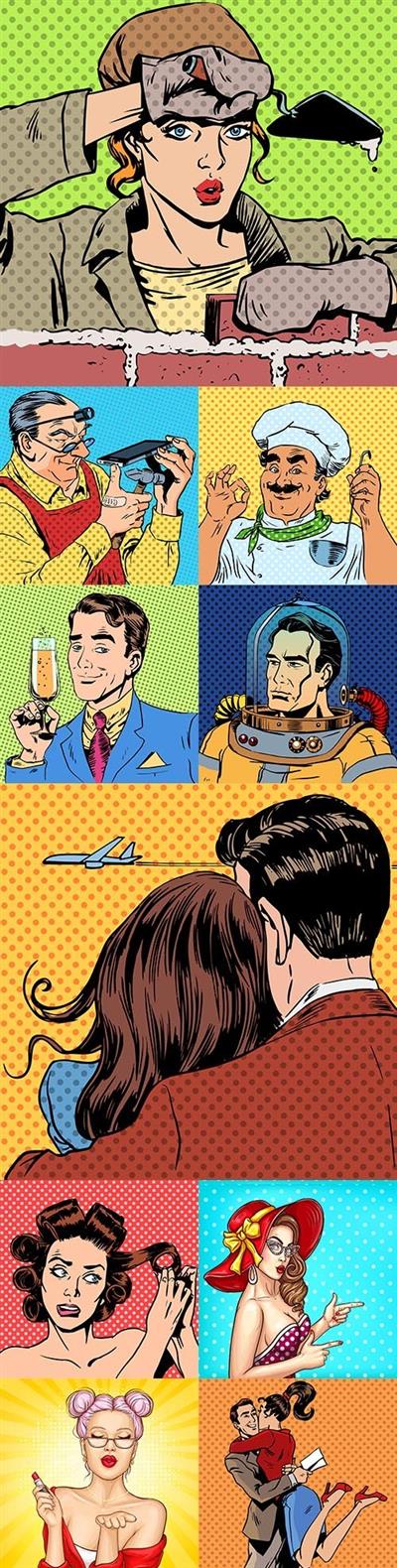 Man and woman comic illustrations in pop art style