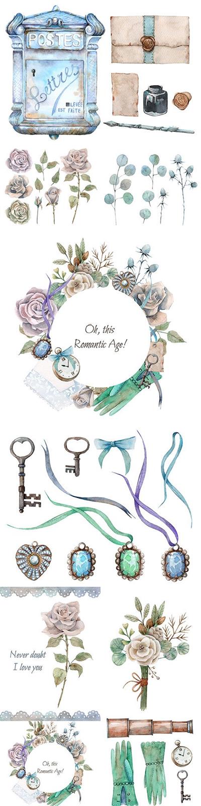 Flowers, decorations and ancient keys watercolor design