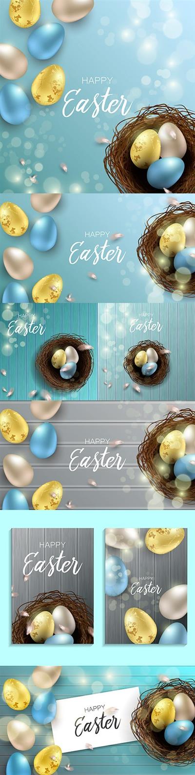 Easter eggs and chicken feathers realistic design