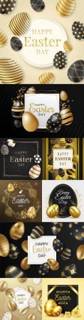 Happy Easter golden eggs and decorative elements