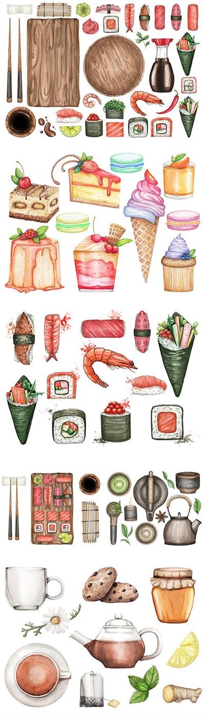 Sushi and tea dessert watercolor set illustrations