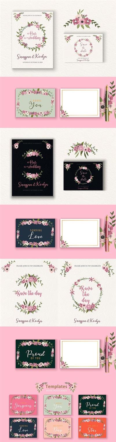 Floral wedding invitation and spring postcard template