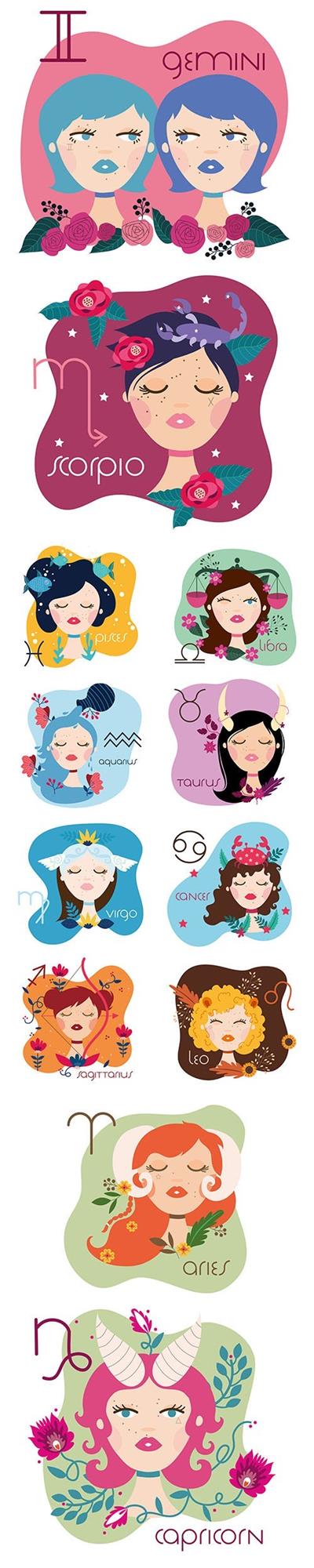 Zodiac Sign Illustration with Cartoon Womans