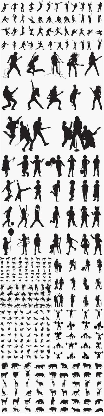 Silhouettes with People and Animals Vector
