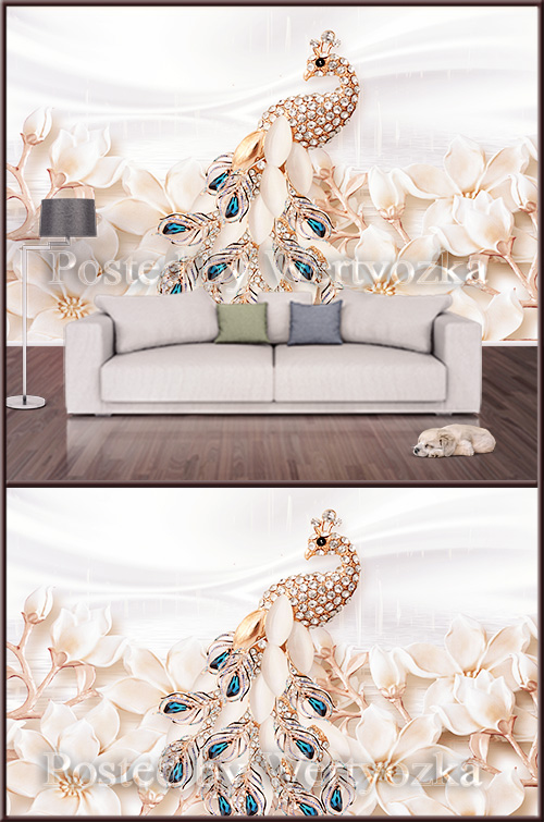 3D psd background wall Golden Peacock with jewels and flowers