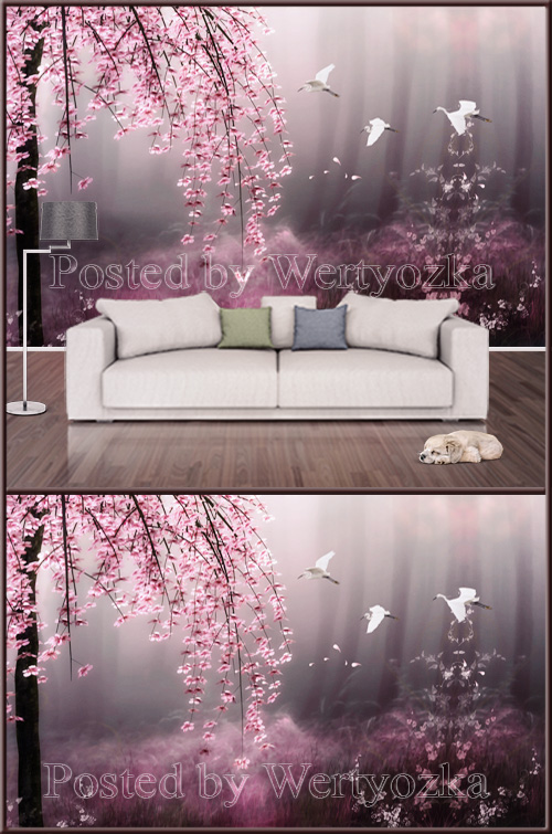 3D psd background wall beautiful cherry tree