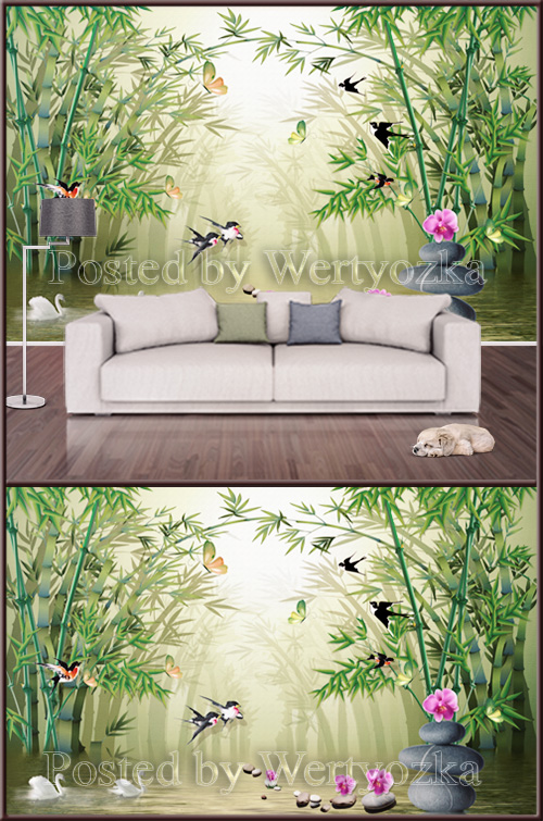 3D psd background wall bamboo spa stones and orchids
