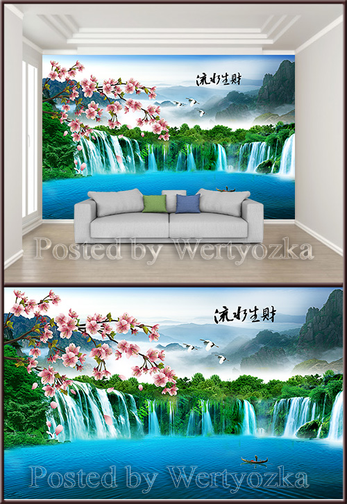 3D psd background wall waterfall flowering tree