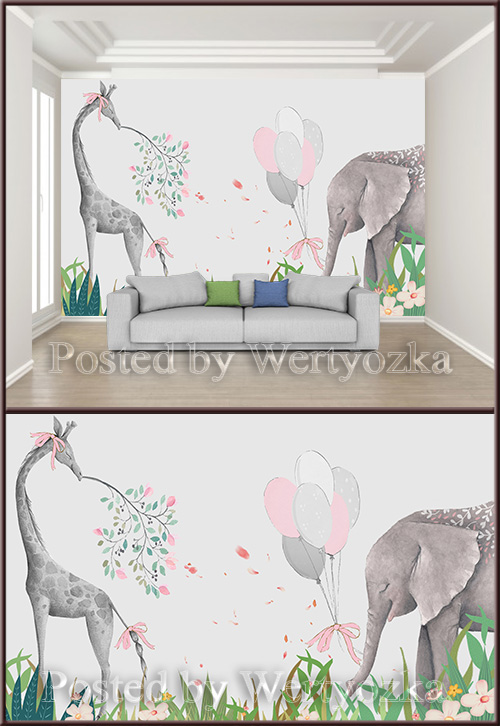 3D psd background wall elephant and giraffe