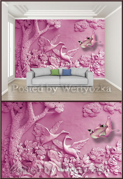 3D psd background wall carved trees birds